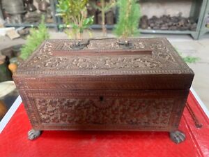 18's Antique Old Handcrafted Floral Motifs Carved Beautiful Jewelry Box w/ Lock