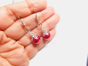 Ohrringe rot Glasimitatperlen silberfarben Metall Ohrhänger Vintage - Bild 1 von 4