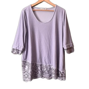 Soft Surroundings Rousseu Light Grey Velvet Top Blouse Lace Assymetrical Sz XL - Picture 1 of 6