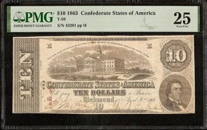 1863 $10 MISALIGNED DATE ERROR CONFEDERATE CURRENCY CIVIL WAR NOTE T-59 PMG 25 - Picture 1 of 3