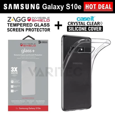 Samsung Galaxy S10e Zagg Glass Screen Protector + Clear Gel Silicone Case Cover - Image 1 of 4