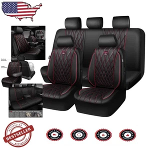 Black Red Faux Leather Seat Covers - Universal 5 Seats Sedan SUV - Foto 1 di 10