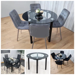 Black Round Glass Dining Table & 4 Chairs Set Dining Room Furniture Set - Picture 1 of 11
