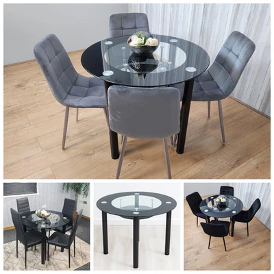 Black Round Glass Dining Table & 4 Chairs Set Dining Room Furniture Set - Image 1 of 4