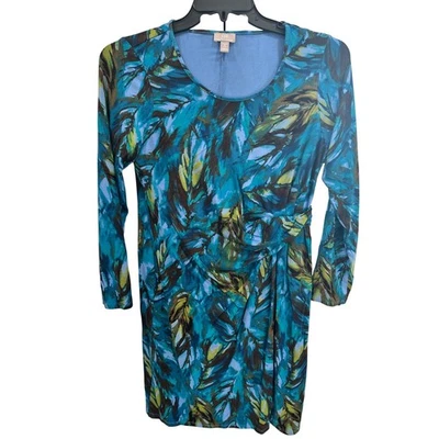 J Jill Wearever Collection Teal Leaf Print Ruched Waist Dress Petite M - Image 1 of 4
