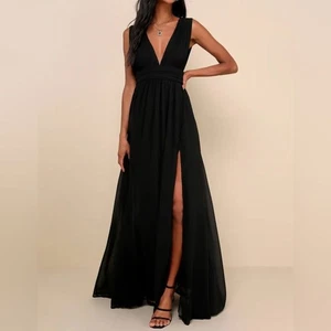 Maxi abito nero Lulus Heavenly Hues spacco laterale profondo scollo a V schiena bassa piccolo nuovo con etichette - Foto 1 di 7