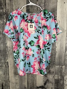 Neu mit Etikett Ann Klein blau und rosa geblümte Bluse mit Flügelärmeln Größe Medium - Bild 1 von 4