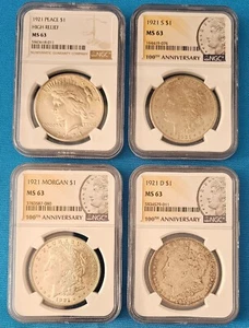 1921 PEACE & MORGAN NGC MS63 (P) PEACE (P), S & D MORGAN (4) COIN SET - Picture 1 of 2