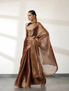 Metallic Silk Sarees Designer Sarees With Stitched Blouse Liquid Metal Sarees