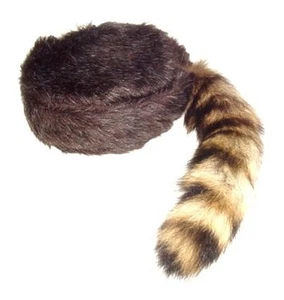 Davey Crockett Coonskin Cap Real Fur Tail Raccoon Brown Coon Daniel Boone Hat - Picture 1 of 13