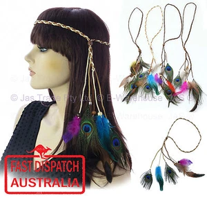 Peacock Feather Hippie 70s Party Plaited Braided Headband Hair Band Extension - Picture 1 of 43