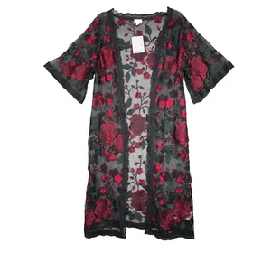 Lularoe Sweater Womens Small Black Red Floral Lace Chloe Longline Duster Gothic - Picture 1 of 9