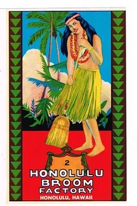 GENUINE BROOM LABEL VINTAGE PIN UP HAWAII ALOHA C1930S HONOLULU SURFING BEACH - Picture 1 of 1