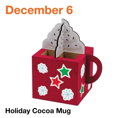 Taza de cacao de vacaciones Home Depot Kids Workshop con pin proyecto diciembre 2025 Foto 1 de 3