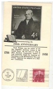 1958 NOAH WEBSTER (DICTIONARY) 1121 ON WHITE CARD & TEXT 1ST TITLE CACHET - Picture 1 of 1