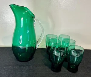 Vintage Blefeld & Co Green Hand Blown Pitcher With 6 Matching Glasses - Picture 1 of 12