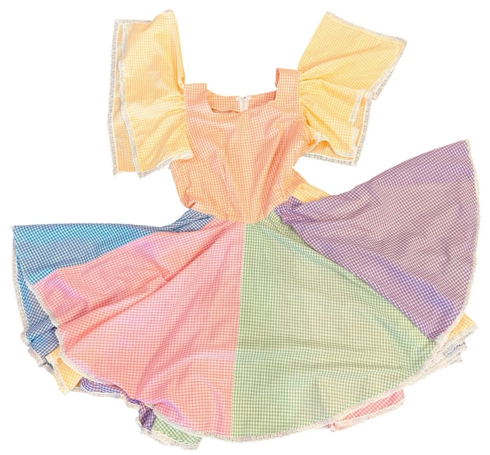 Vestido Vintage Años 70 Colorido Cuadrado Baile Círculo Completo Rockabilly Manga Ángel M Foto 1 de 4