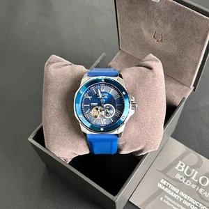 Bulova Marine Star Blue Dial-Blue Silicon Strap 98A303Automatic Men's Watch 45mm - Picture 1 of 7