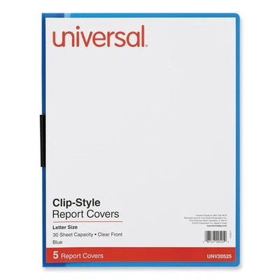 Cubierta de informe de plástico Universal® con clip, carta, tiene capacidad para 30 páginas, transparente/azul, 5/PK Foto 1 de 4
