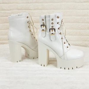 Linda Off White Chunky Block Heel Lave Up Ankle Boots Brand New - Picture 1 of 9