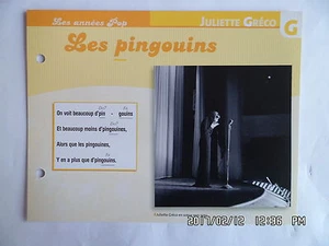 CARTE FICHE PLAISIR DE CHANTER JULIETTE GRECO LES PINGOUINS - Picture 1 of 1