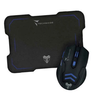 TECHMADE KIT MOUSE USB + TAPPETINO GAMING BLU LED DESKTOP MOUSEPAD PC NOTEBOOK - Immagine 1 di 4