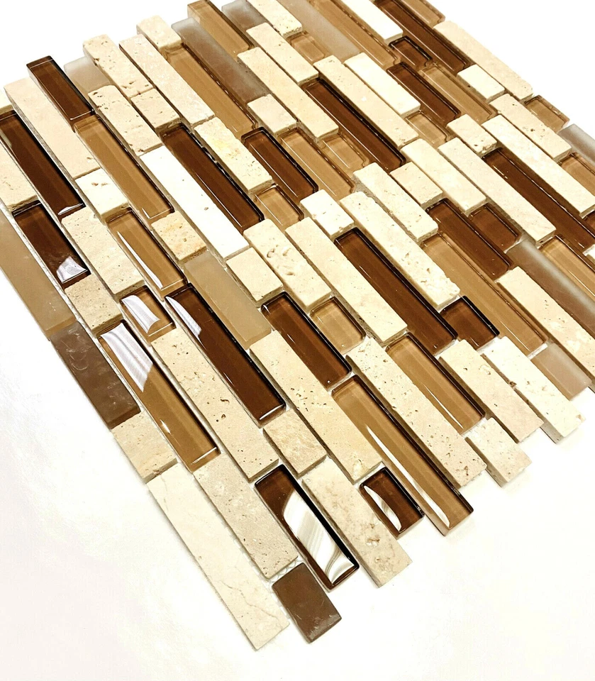 Vidrio de caramelo lineal aleatorio con mezcla de travertino marfil 11-3/4 pulgadas x 12-1/2 pulgadas x8mm Foto 1 de 4