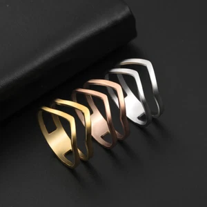 Geometric Wave Couple Ring Women Minimalist Stainless Steel Rings Jewelry - Picture 1 of 9