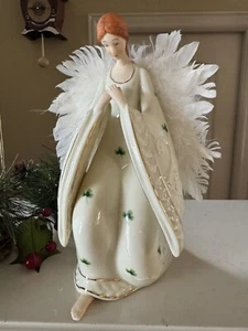 Praying Porcelain Angel IRISH Clovers on White Real Feather Wings Figurine 8.5" - Picture 1 of 9