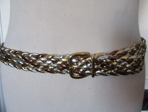 VINTAGE SLIM FAUX LEATHER PLAITED BELT GOLD SILVER AND BRONZE TONES - Picture 1 of 5