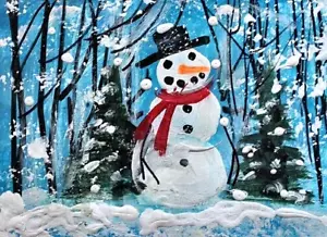 ACEO Original WINTER PAINTING Snowman Snow XMAS TREE Landscape Nature ATC ART - Picture 1 of 1