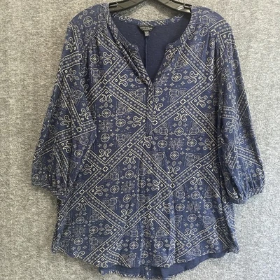 Lucky Brand Top Women 1X Navy Paisley Boho Stretch Cotton Modal Slit Hem Tunic - Image 1 of 4