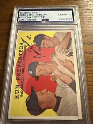 Bobby Richardson PSA assinado em perfeito estado 10 1959 Topps Run Preventers Auto Yankees - Imagem 1 de 3