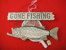 Gone Fishing Wall Plaque Wood Sign  15" x 11"  by Three Hands Corp