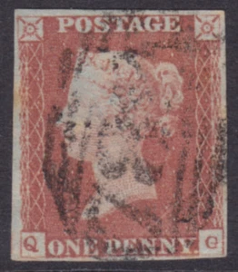 1841 1d TARGA ROSSA MARRONE 78 LETTERE " Q - G " USATA CON 4 MARGINI - Foto 1 di 1