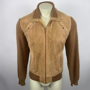 Vtg 60s 70s Sweater Jacket Mens Leather Suede MCM Rockabilly Coat 155 East Large - Picture 1 of 13