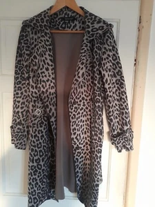Beige Black Leopard Print Belted Fashion Mac Raincoat Size S 12 Voyelles jacket - Picture 1 of 4