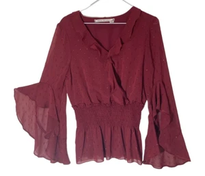Chelsea & Violet Womens Blouse M Top Burgundy Ruffles Gathered Fairy Flowy - Picture 1 of 11