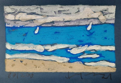 Klaus Fussmann spitzen Farblinolschnitt Segelschiff Ostsee Meer - Bild 1 von 2