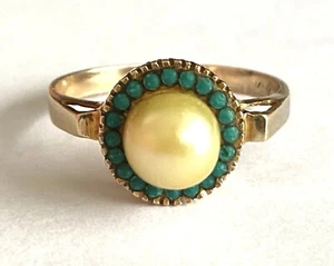 Anello donna antico oro giallo 14 kt perle acqua dolce turchese misura 6,25 - Foto 1 di 12