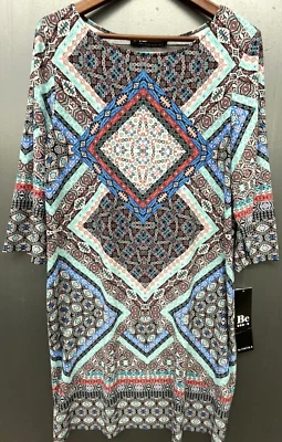 Vestido Be Chetta B 16 Negro Coral Geo Estampado Elastizado Colorido Boho Artístico Nuevo Foto 1 de 4