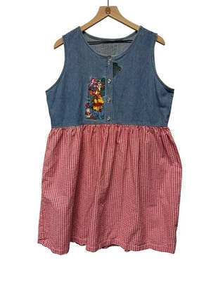 Vintage Disney Embroidered Winnie The Pooh Fruit Stand Denim Red Gingham Dress - Image 1 of 4