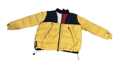 Chaqueta acolchada de plumón de ganso con logotipo de color Tommy Hilfiger de colección de la década de 2000 amarilla para hombre XXL Foto 1 de 4