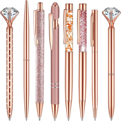 8Pcs Rose Gold Ballpoint Pen Set Liquid Sand Glitter Metal Crystal Diamond Girly - image 1 of 4
