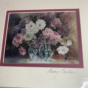 Mary Cardin: impresión firmada por artista (rosas y hortensias en florero) 5x7 mate a 8x10 - Imagen 1 de 4