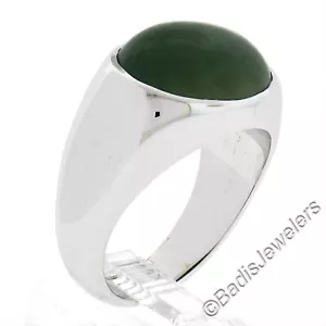 Men's 14K White Gold Elongated Oval Cabochon Bezel Green Nephrite Jade Ring - Picture 1 of 8