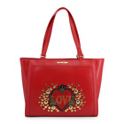 Love Moschino red large Shopping Bag with Heart and studs Top Zip Handles New