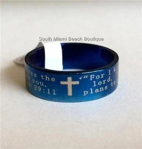 Jeremiah 29:11 Bible Verse Ring Blue Stainless Steel For I know the Plans I have - Picture 1 of 11