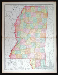 1898 MISSISSIPPI, RAND MCNALLY, VERY LARGE ANTIQUE DETAILED MAP - Picture 1 of 5