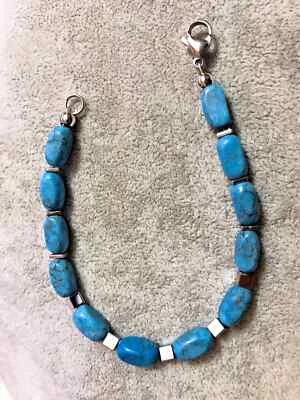 Bracciale Uomo Pietra dura Naturale Howlite Turchese rettangoli cubi argento 5mm - Immagine 1 di 4